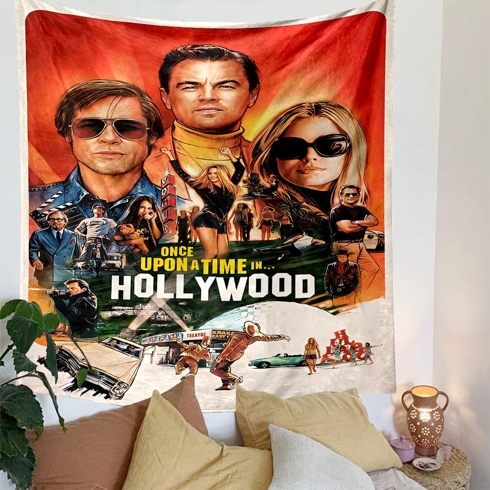 Collage of vibrant Hollywood scenes featuring prominent characters. Patterned tapestry for bedroom and living room home decor