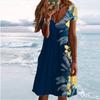Summer Fashion Women's V Neck Short Sleeve Beautiful Flowers Printed  Dress Sex Short Skirt Dresses