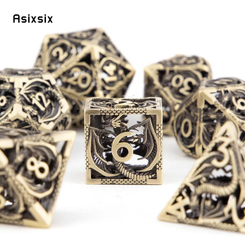7 Pcs Golden Black Dragon Metal Dice Hollow Metal Polyhedral Dice Set Suitable for Role-Playing RPG Board Game Card Game
