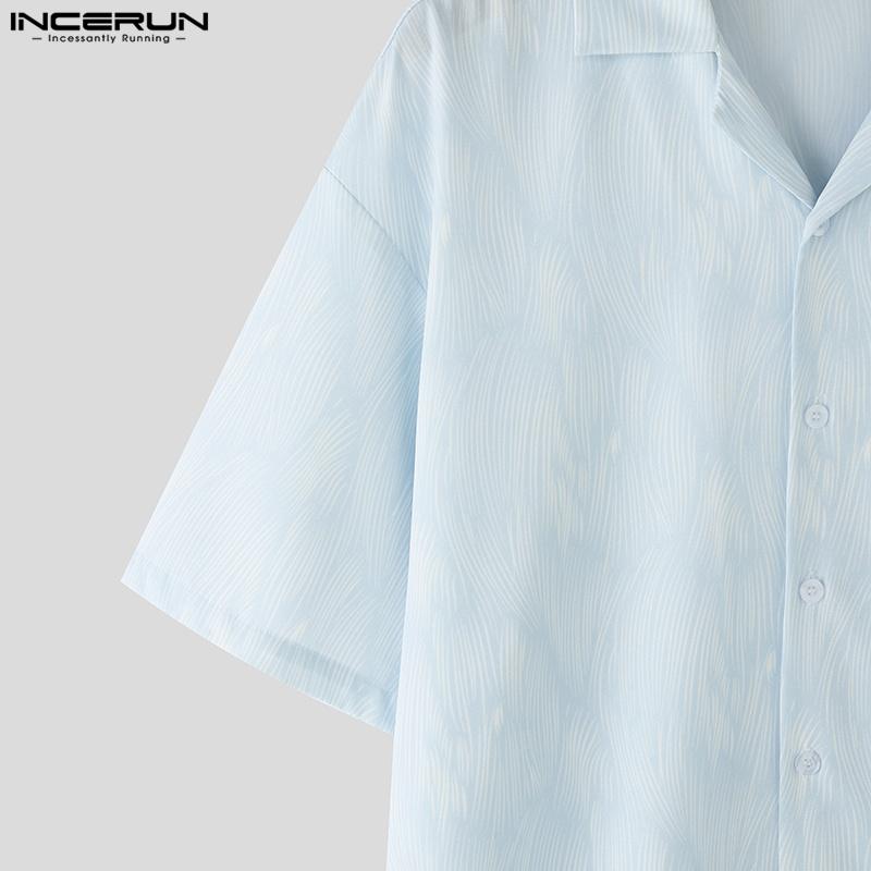 INCERUN Летние свободные мужские рубашки с воротником-лацканом и коротким рукавом с принтом