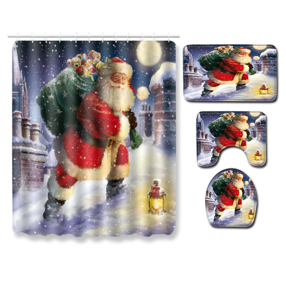 Christmas Shower Curtain Floor Mat Combination Four-Piece Set Bathroom Toilet Carpet Shower Room Mat Foot Mat