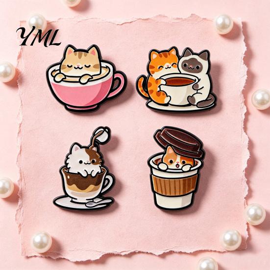 Clothing Embellishment Cartoon Coffee Cup Cat Brooch, Kitten Enamle Lapel Pin, Animal Pin Theme Alloy Badge, Accessories for Lovers Jewelry