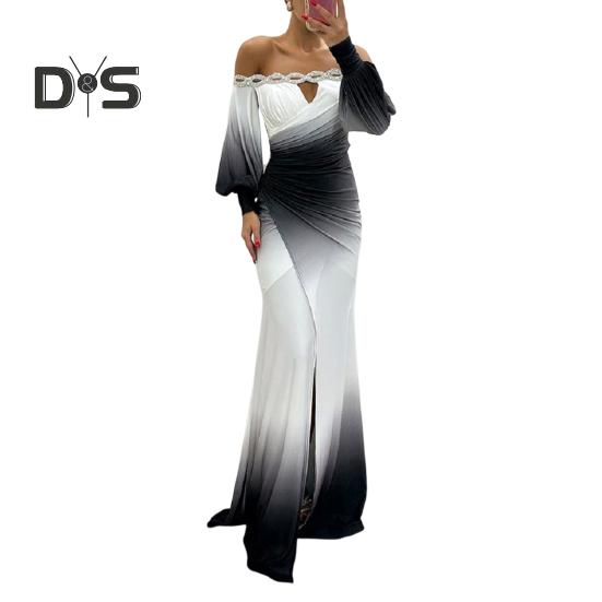 Женское вечернее платье с открытыми плечами, ажурное свадебное платье со стразами, обтягивающее плиссированное выпускное платье макси с длинными рукавами-фонариками, разрезом по низу, контрастный цветной шар