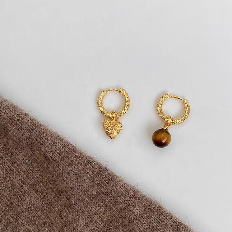 925 Silver Love Heart Earring for Women Asymmetry Tiger Eye Stone Texture Jewelry Birthday Gift