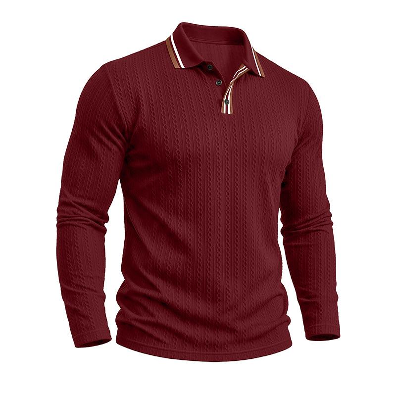 Men S Long Sleeve Polo Shirt Vintage Jacquard Solid Color Casual Top