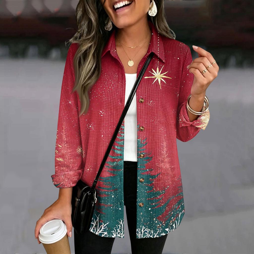 Women's Loose Fit Christmas Print Button Front Cardigan Long Sleeve Shirt Top for Holiday