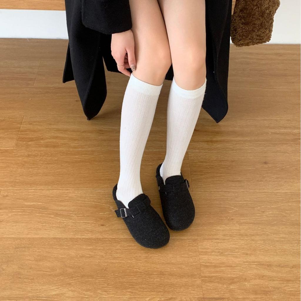 2025 New Round Head Belt Buckle Plush Short Fluff Thick Sole Outer Wear Half Drag Boken Casual Women's Shoes