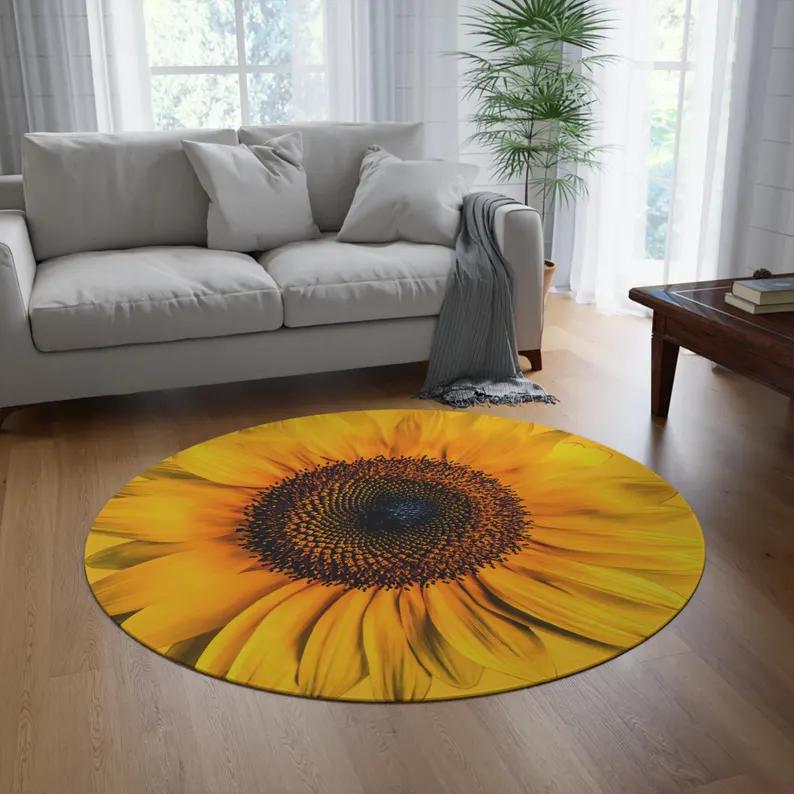 Ковер Golden Sun Garden Желто-зеленый круглый ковер с цветочным солнечным дизайном Богемный небесный ковер для артистичного радостного домашнего декора