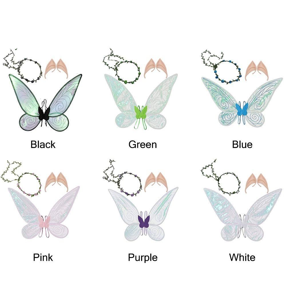 Костюм на Хэллоуин с блестящими крыльями феи, крыльями бабочки с цветочной короной и эльфийскими ушками, подарок на вечеринку