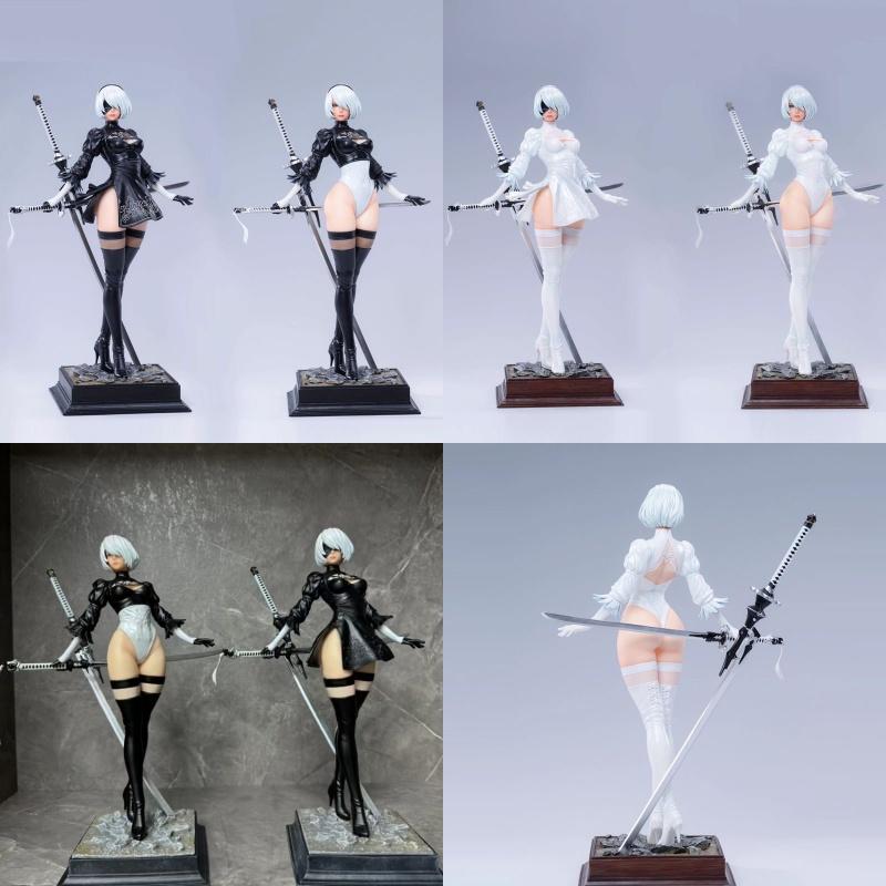 NieR Automata 2B Аниме Девушка GK Фигурка Двойная Голова Скульптура Высокий Разрез Боевой Костюм Коллекционная Статуя Настольное Украшение