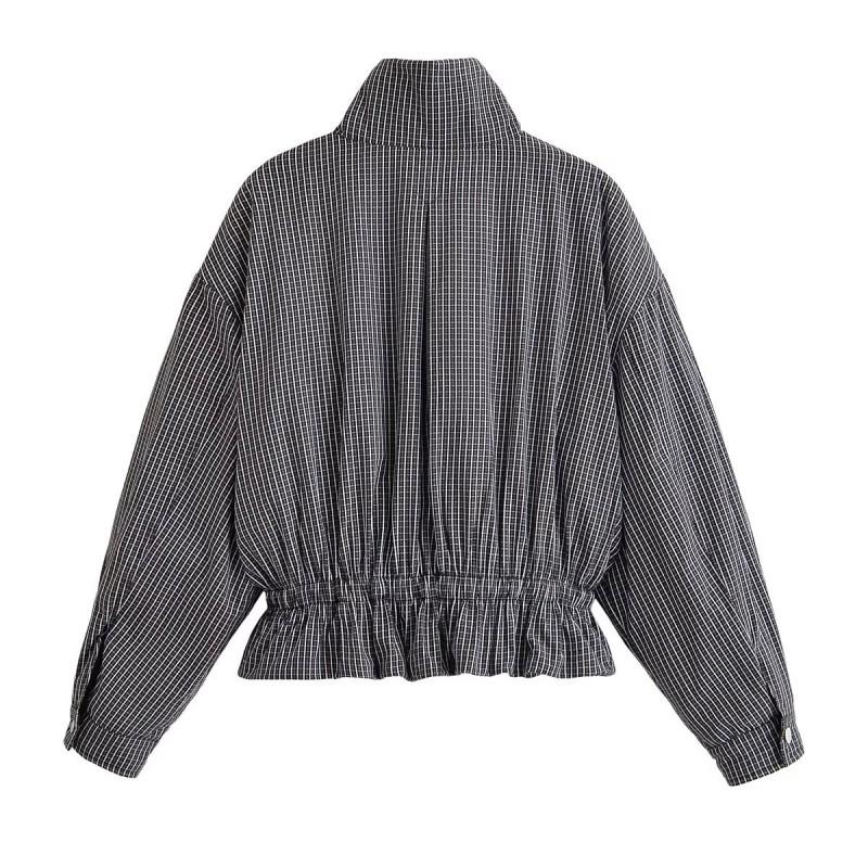 Womens 2026 Loose Fit Plaid Zip-Up Stand Collar Jacket Streetwear Outerwear A712403