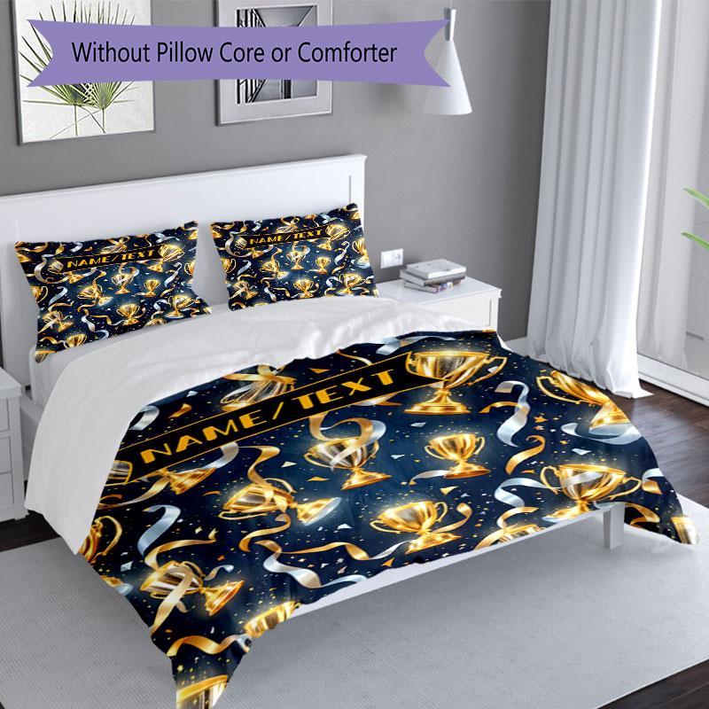 3PC Custom Name Golden Trophy Celebration Bedding Set Printed Bedding Set Duvet Cover Closure Includes 1 Duvet Cover & 174 Pillowcases for Bedroom