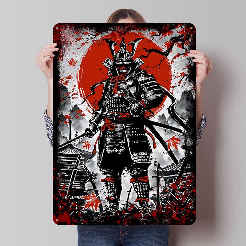 Japanese Samurai Ink Wash Printed Poster Customized Wall Art Retro Vintage Metal Tin Signs for Room Decoration Home Decorations