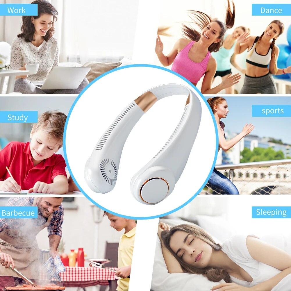 2024 Новый безлопастный вентилятор для шеи Перезаряжаемый портативный охлаждающий вентилятор 3-скоростной бесшумный охладитель для ленивой шеи 3000 мАч Мини-вентилятор для летних видов спорта