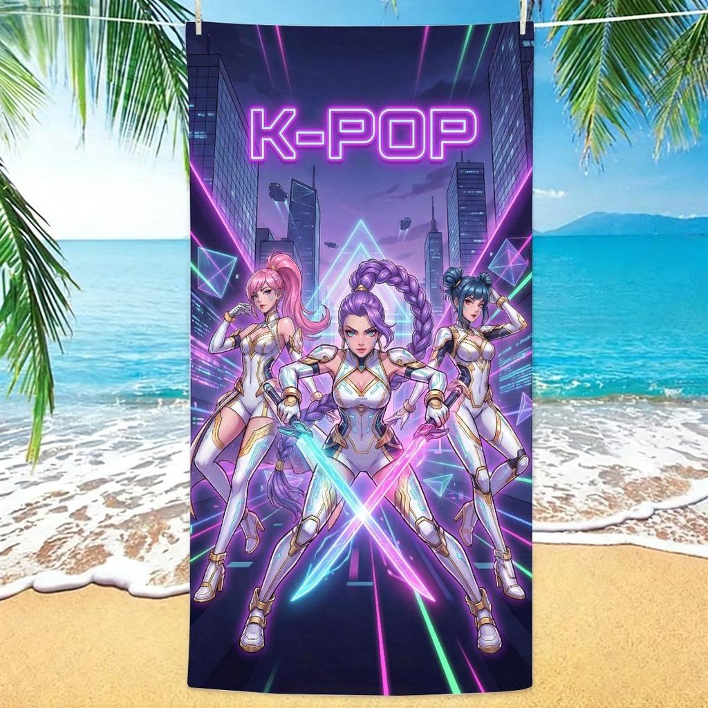 K-Pop Группа Киберпанк Неоновый Город Будущего Пляжное Полотенце, Ультратонкая Микрофибра, Большого Размера, Быстросохнущее, Устойчивое к Песку для Пляжа и Плавания