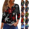 Women's Fashion Casual T-Shirt Button V-Neck Seven Sleeve Christmas Printed Top