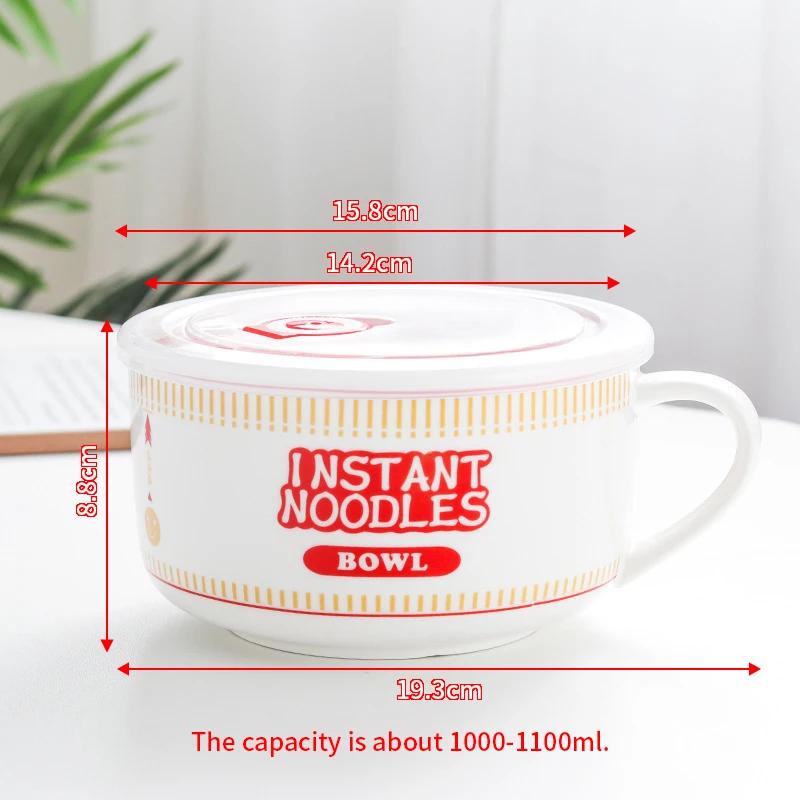 Cartoon - Printed Ceramic Instant Noodle Bowl with Lid, Single - Handle & Large Capacity Home Dormitory Bento Box Soup Bowl