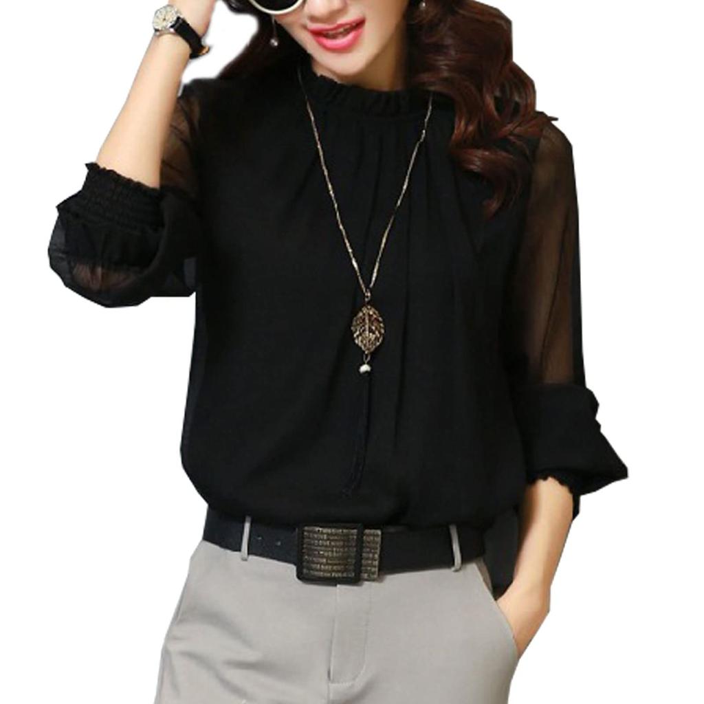 MEME XTRA Chiffon Long Stand Openwork Solid Winter Women's Blouse, Sleeve, Collar, Pullover, See-Through Sleeves, Design, Ruffles, Formal, Office,