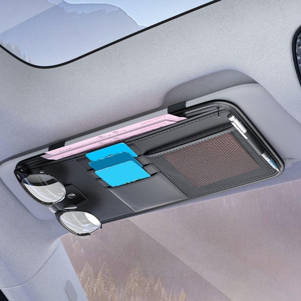 Large Capacity Car Sun Visor Organizer Solid Color Cards Holder Sunglasses Clip  Car Interior