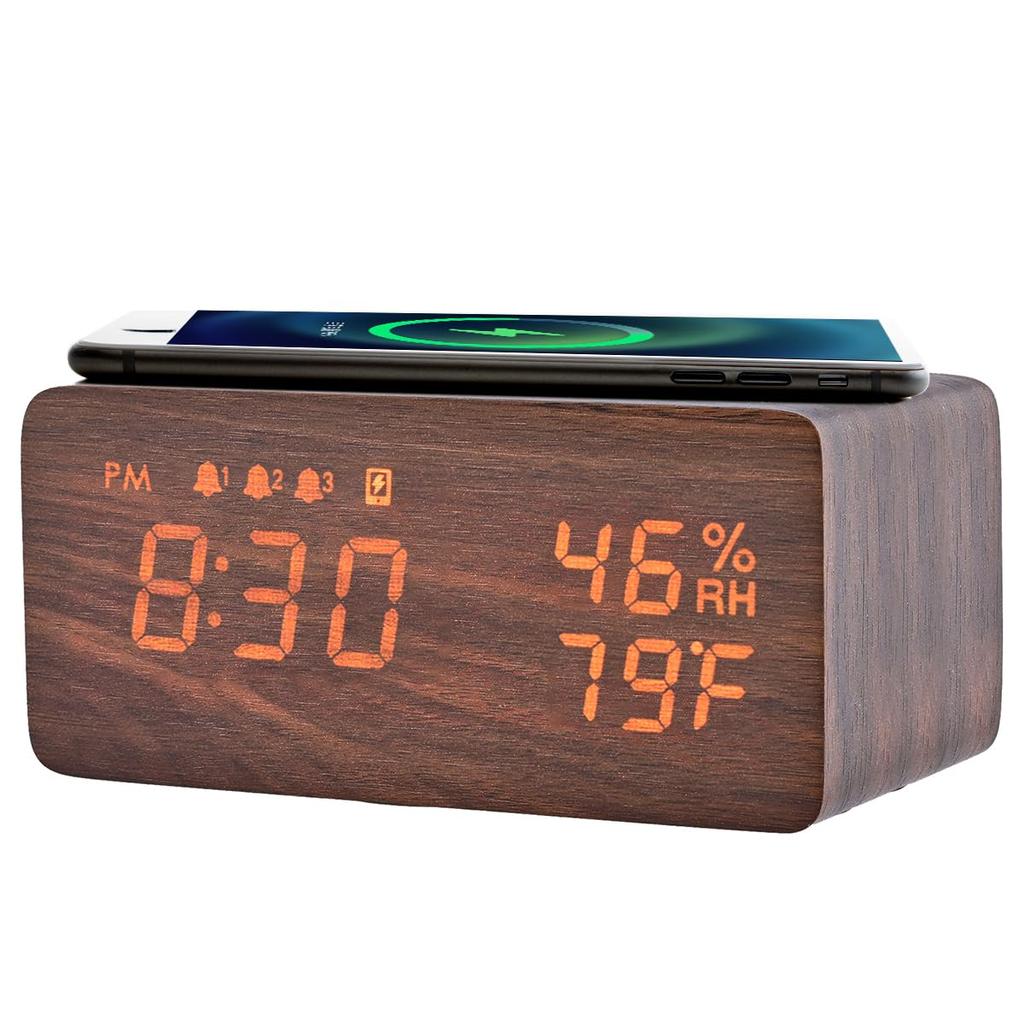 Electime Alarm Table Smartphone Wood Charging LED Qi Automatic Brightness Automatic USB Alarm Technical Certified Clock, Clock, Stylish, Charging,