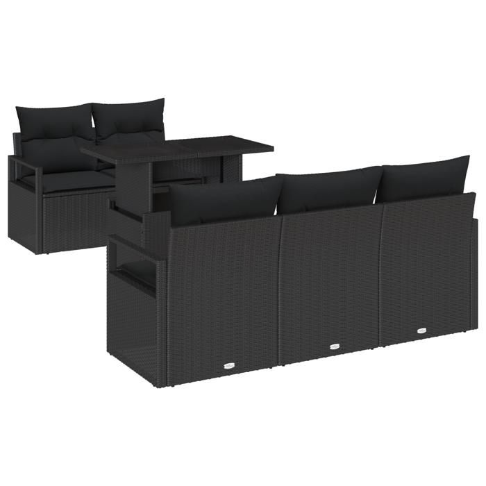 Ensemble de Canapés de Jardin de 6 Pièces avec Coussins en Noir Rattan Poly, Canapé de Jardin 2 Places avec Rangement 3357476