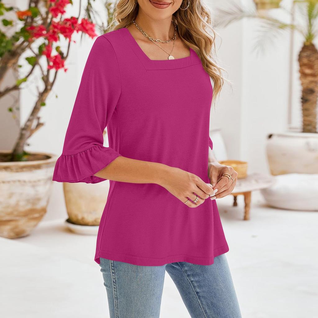 Women's Casual 3/4 Sleeve Tops Summer Square Neck T Shirts Ruffle Loose Fit Tunic Blouses