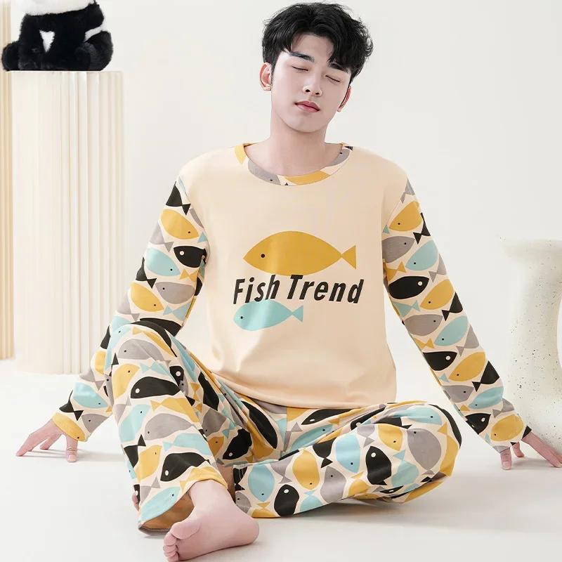 Милый пижамный комплект с рисунком панды для мужчин, хлопковый осенний комплект с длинными рукавами и круглым вырезом, ночная рубашка для осени и весны, домашняя одежда для мужчин