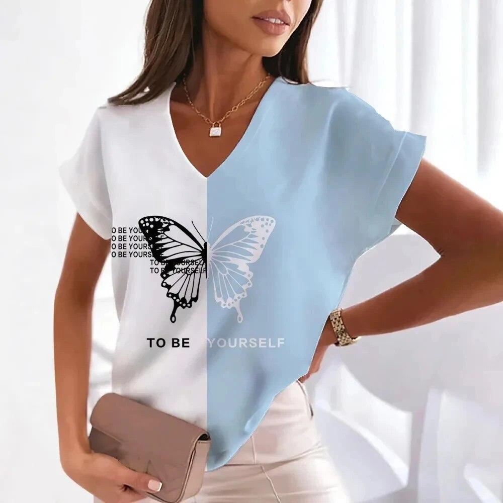 2024 Summer Women's T-Shirts Butterfly V-Neck Shirts Fashionable Short Sleeve Tees Oversized Ladies Tops Casual Women's Clothing
