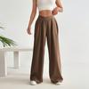 Женские прямые брюки с высокой талией, повседневные однотонные широкие брюки с боковой молнией