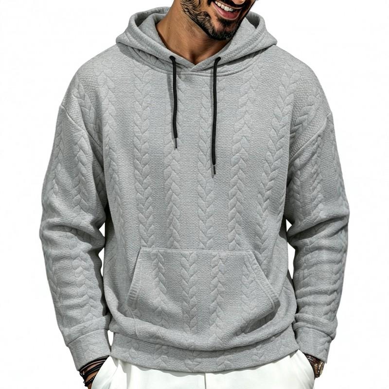 Mens Hooded Casual Sweatshirt With Jacquard Lightweight Cotton Blend Long Sleeve