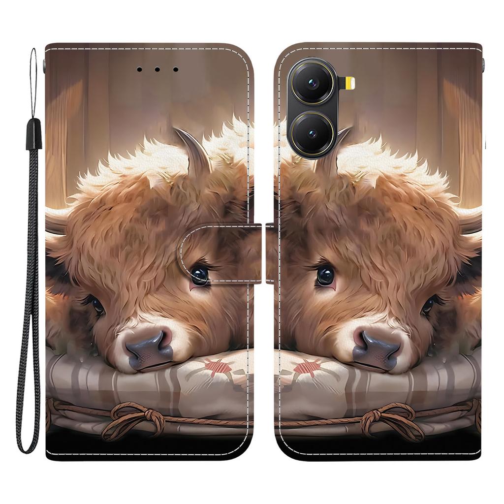 Кожаный чехол-подставка-кошелек с печатью узора для Xiaomi Redmi Turbo 4 5G/Poco X7 Pro 5G с ремешком на запястье