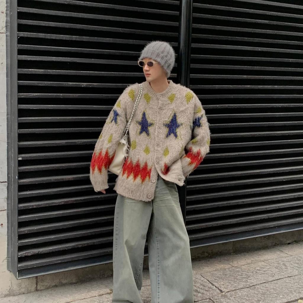 Рождественский винтажный свитер с круглым вырезом для мужчин, свободный повседневный вязаный кардиган Harajuku High Street на осень-зиму