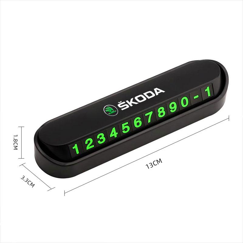 WOHE7 Car Temporary Parking Card Auto Emblem Phone Number Card Plate For Skoda Octavia Superb Rapid Kodiaq Fabia Kamiq Enyaq iV Scala
