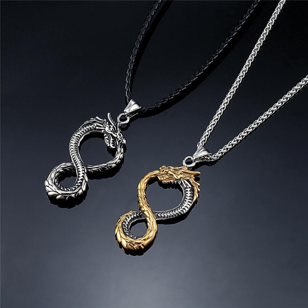 Norse Vikings Dragon Necklaces Men Retro Infinity Symbol Pendant Mix Gold Color Stainless Steel Ouroboros Amulet Hip-hop Jewelry