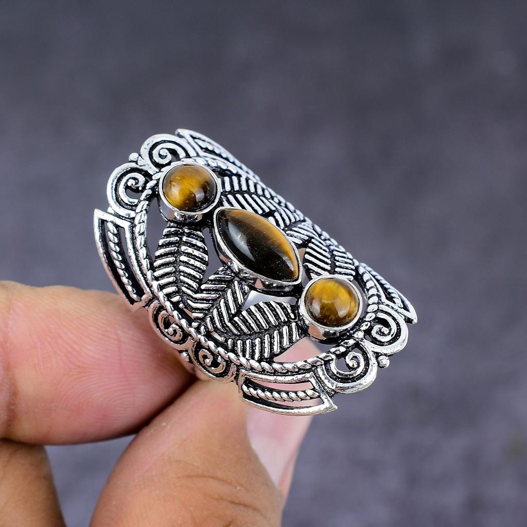 Натуральный камень Тигровый глаз Ручная работа Серебро 925 пробы Ювелирное кольцо Размер 8 U2y97