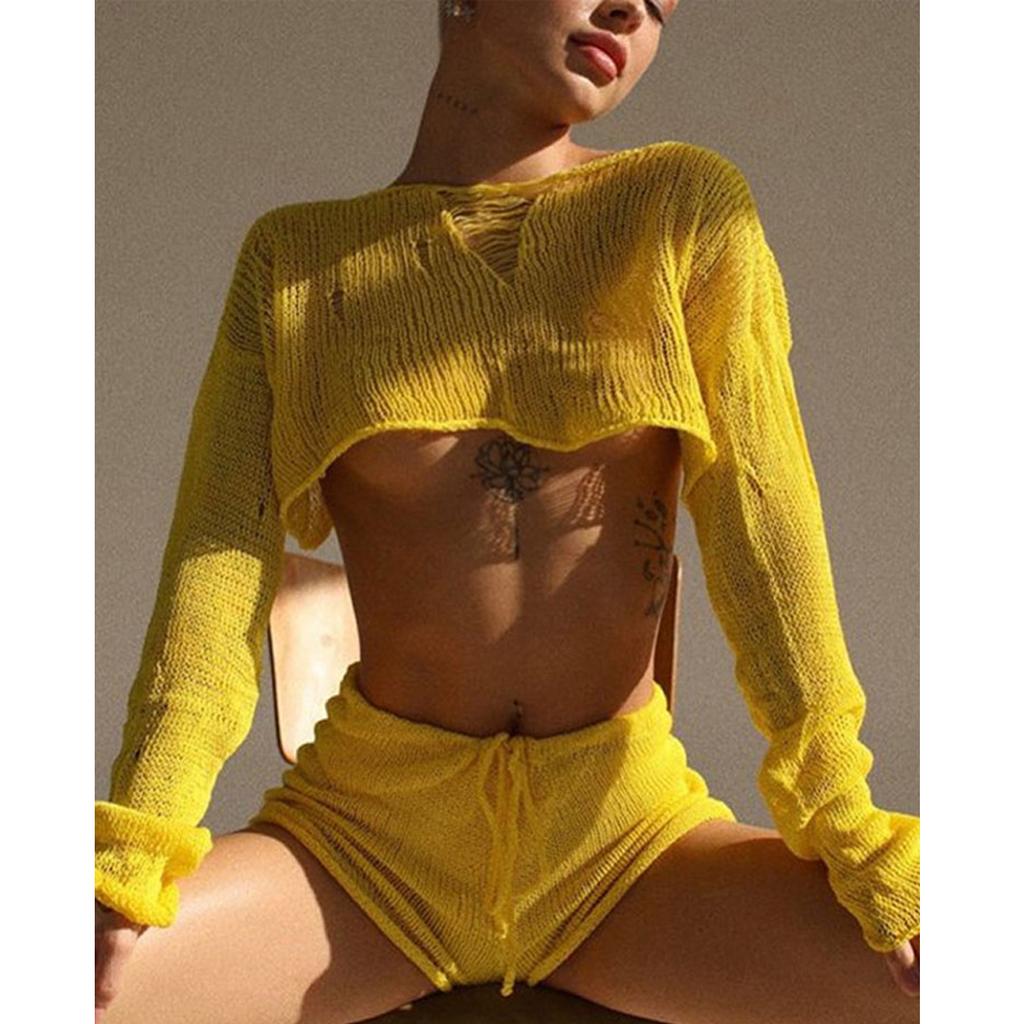 Сексуальный пляжный укороченный топ и шорты, комплекты женщин, вязаный женский костюм с длинными рукавами на шнуровке, летний праздник, прозрачный комплект из 2 предметов, женский комплект