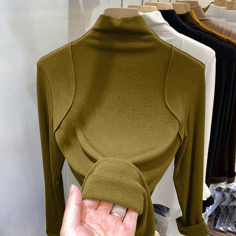 Женская приталенная рубашка с длинным рукавом и воротником-стойкой в европейском стиле, с подкладкой из матового немецкого вельвета для осени и зимы