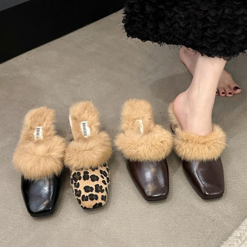 Тапочки Baotou Half Tuo из меха для женщин, зимние, новый стиль, толстый каблук, острый носок, модные, универсальные, банкетные, на высоком каблуке, элегантный дизайн