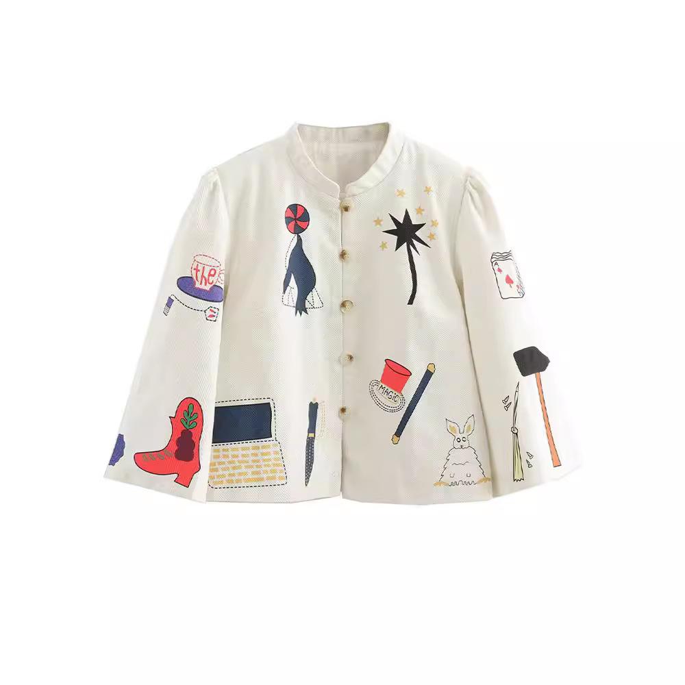 Spring and Autumn Cartoon Print Baseball Ladies Simple Round Neck Single Breasted Casual Long Sleeve Jacket New Coat