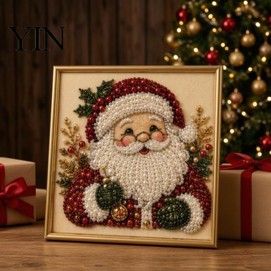 Christmas Tabletop Ornament Crafts DIY Faux Pearl Painting Art Kit with Frame, Santa Holiday Projects for Family Beads Craft Adults Beginner, Handmade