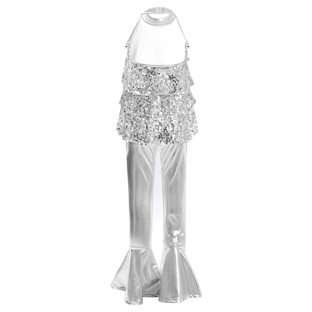 Блестящий леотард с пайетками для девочек, для джазовых танцев, халтер, без спины, с оборкой по подолу, брюки клеш, костюм для выступлений