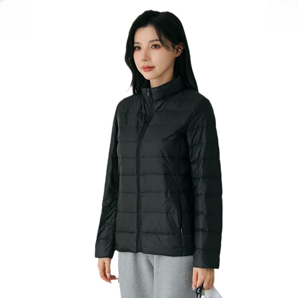 Женская облегченная куртка-пуховик - тонкая, однотонная, белый утиный пух, теплая, простой стиль