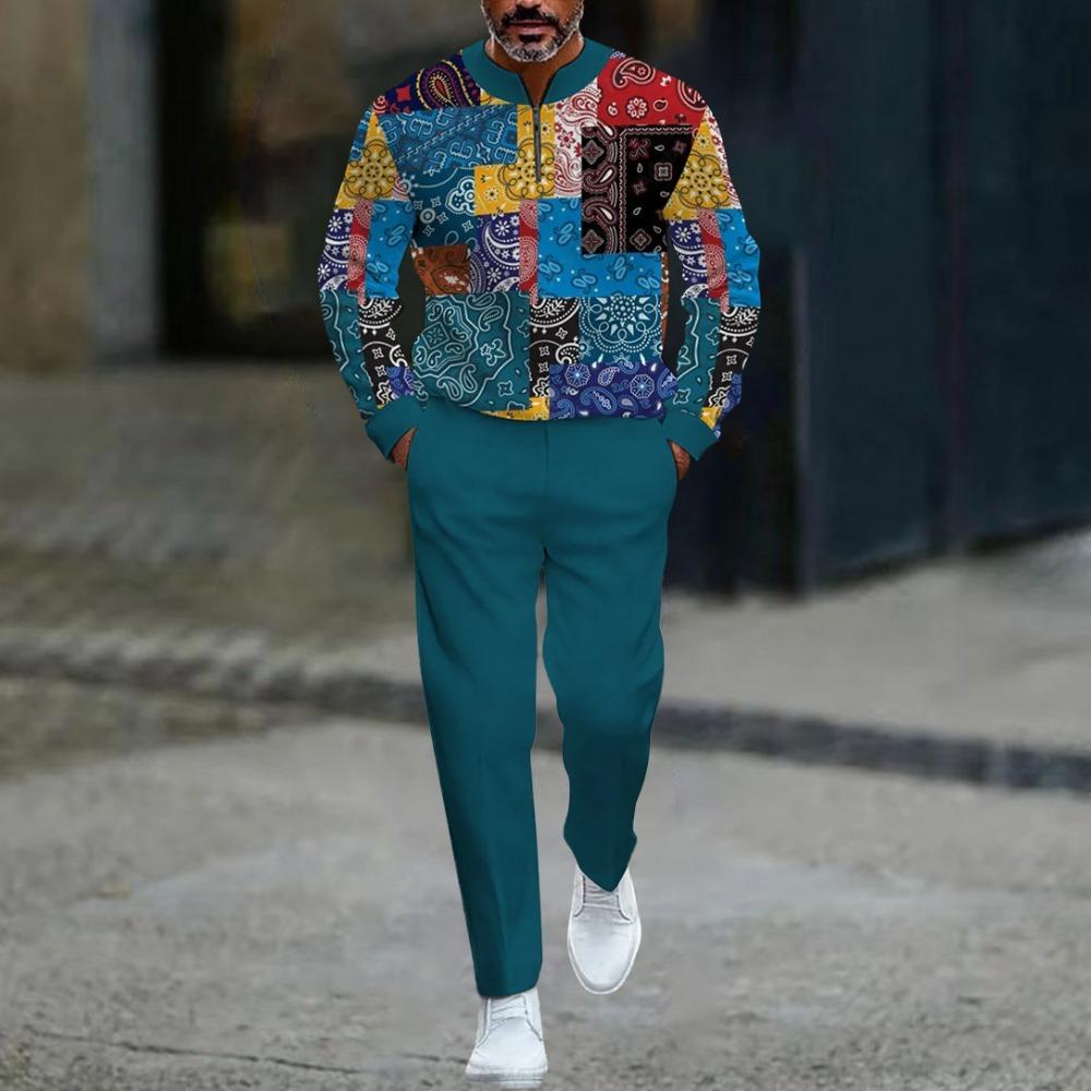 Весенне-осенние модные мужские комплекты с 3D-принтом, мужская повседневная спортивная одежда из двух предметов с воротником-стойкой на молнии