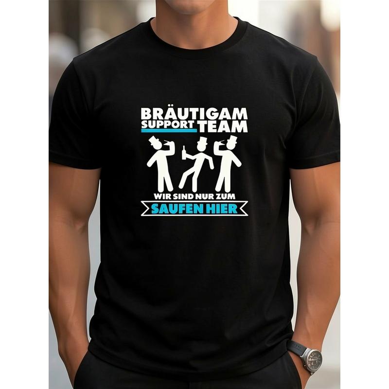 Graphic T-Shirt For Men'S Bachelor Party With Support Team Theme - Features Humorous German Text And Dancing Figures, Black Casual Tee With Short