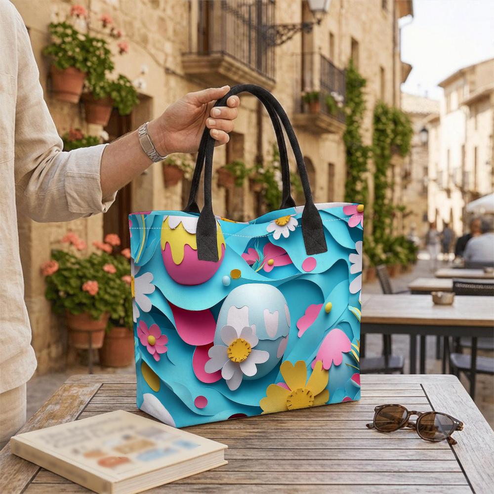 Cute Floral Egg Pattern Tote Bag Casual Large Capacity Handbag for Daily Use