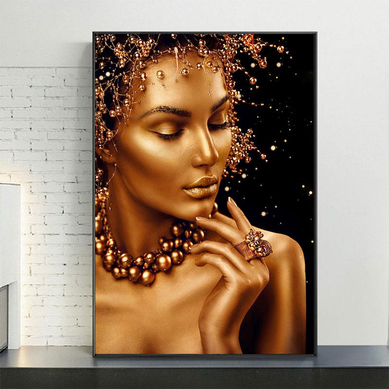 Картина на холсте, настенная картина, модная Африка, золотые, черные женские постеры, принты, произведения искусства для скандинавского модульного домашнего декора гостиной