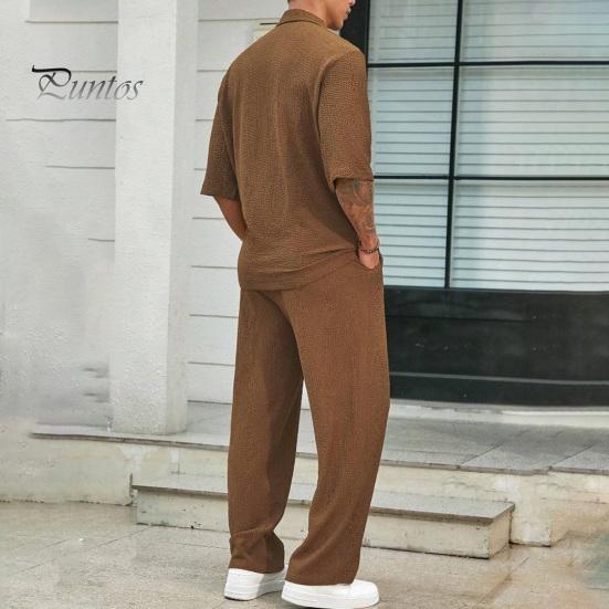 Мужской повседневный наряд из 2 шт./компл., топы с v-образным вырезом и лацканами и короткими рукавами, длинные брюки с широкими карманами, однотонный комплект для отдыха