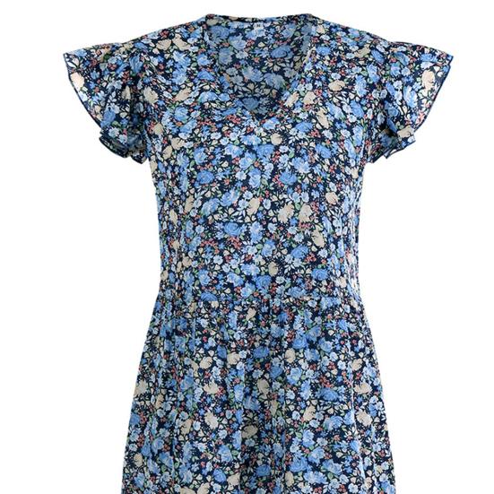 Women's Summer Floral Midi Dress Ruffle Cap Sleeve V Neck Swing Dress Casual Flowy A Line Boho Vacation Dress