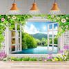 Window View Mountains Photography Backdrop Flowers Nature Waterfall Scenery Birthday Background Home Party Backdrop Wall Banner