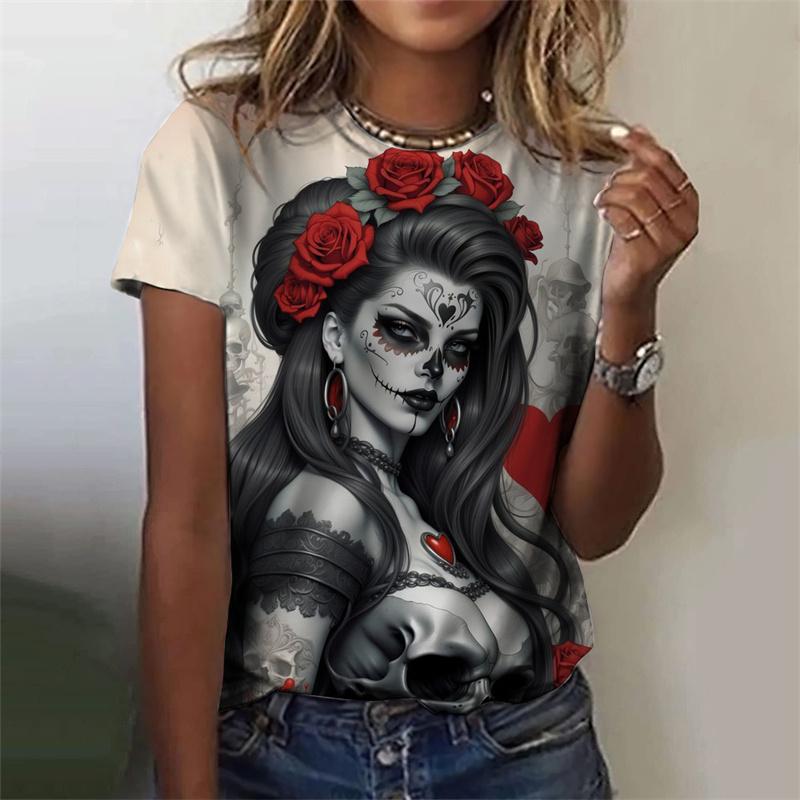 Футболка с рисунком черепа ужасов нежити для женщин, футболки с 3D-принтом для таинственной девушки, летние свободные топы с круглым вырезом, футболки с коротким рукавом